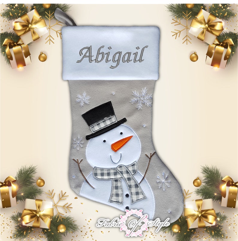 Personalised Christmas Stocking Christmas Luxury Embroidered Xmas Stockings Santa Reindeer Snowman Grey Snowman Grey