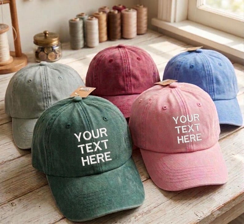 May include: A collection of five baseball caps in various colors including green, pink, blue, red, and gray. The green and pink caps feature the white embroidered text 'YOUR TEXT HERE' on the front panels. Each cap has a structured crown and a curved brim.