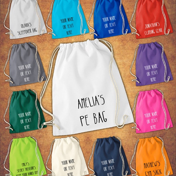 Personalised Cotton Sport Drawstring Bag PE GYM School P.E Kids Rucksack Gym Sack