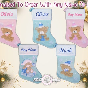 Personalised Christmas Stocking Kids Luxury Embroidered Xmas Stockings Sack Boy Girl Santa Fully Lined - Baby Pink Blue
