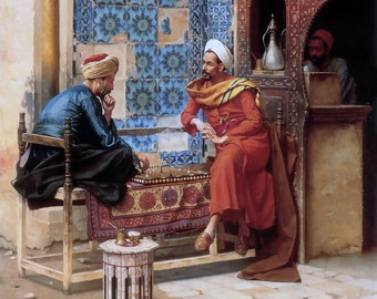 Jugando al ajedrez en una antigua cafetería árabe de El Cairo - Arte árabe - Pintura al óleo pintada a mano sobre lienzo