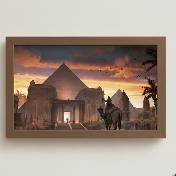 Antiguo Egipto - Pirámides y camello al atardecer - Pinturas al óleo pintadas a mano sobre lienzo - Pintura egipcia - Decoración egipcia - Arte mural egipcio