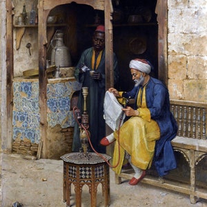 Leyendo el periódico con una cachimba en una antigua cafetería árabe de El Cairo - Arte árabe - Pintura al óleo pintada a mano sobre lienzo