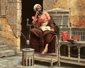 The Scribe with his Books and Hookah - Arabic Art - Islamic Art - Hand Painted Oil Painting On Canvas