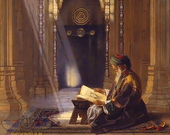 Leyendo el Sagrado Corán en la Mezquita - Arte Islámico - Arte Árabe - Pintura al Óleo Pintada a Mano sobre Lienzo