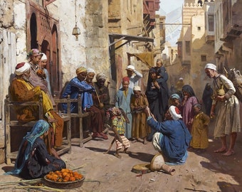 Obra de arte pintada a mano - Una escena callejera en el Viejo Cairo - Arte egipcio - Arte árabe - Arte islámico - Pintura al óleo pintada a mano sobre lienzo