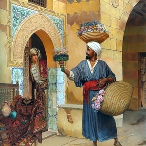 Arabic Flowers Seller - Egyptian Art - Arabian Art - Hand Painted Oil Painting On Canvas