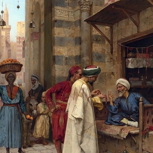 May include: A man in a white robe is examining a string of red beads held by a seated man in a blue robe. The seated man is wearing a white turban and has a white beard. The man in the white robe is wearing a green turban. The scene takes place in a shop with a wooden awning and a variety of goods on display.