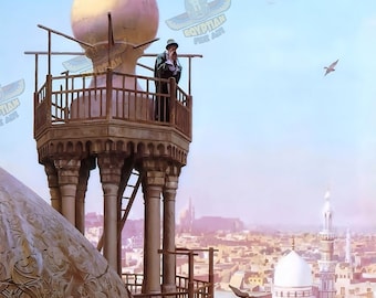 Pintura al óleo pintada a mano sobre lienzo - Un muecín llamando a la oración desde lo alto de un minarete en El Cairo, Egipto - Arte islámico - Arte árabe