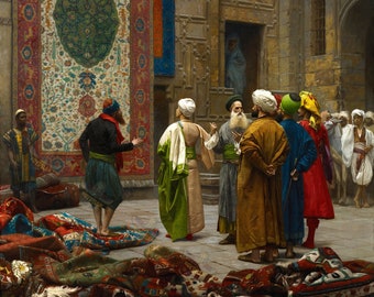 Obra de arte pintada a mano - Mercado de alfombras en el Viejo Cairo - Arte árabe - Arte islámico - Pintura al óleo sobre lienzo