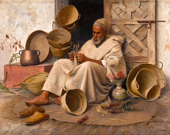 The Basket Weaver In Tangier, Morocco - Moroccan Art - Arabic Art - Islamic Art - Hand Painted Oil Paintings On Canvas