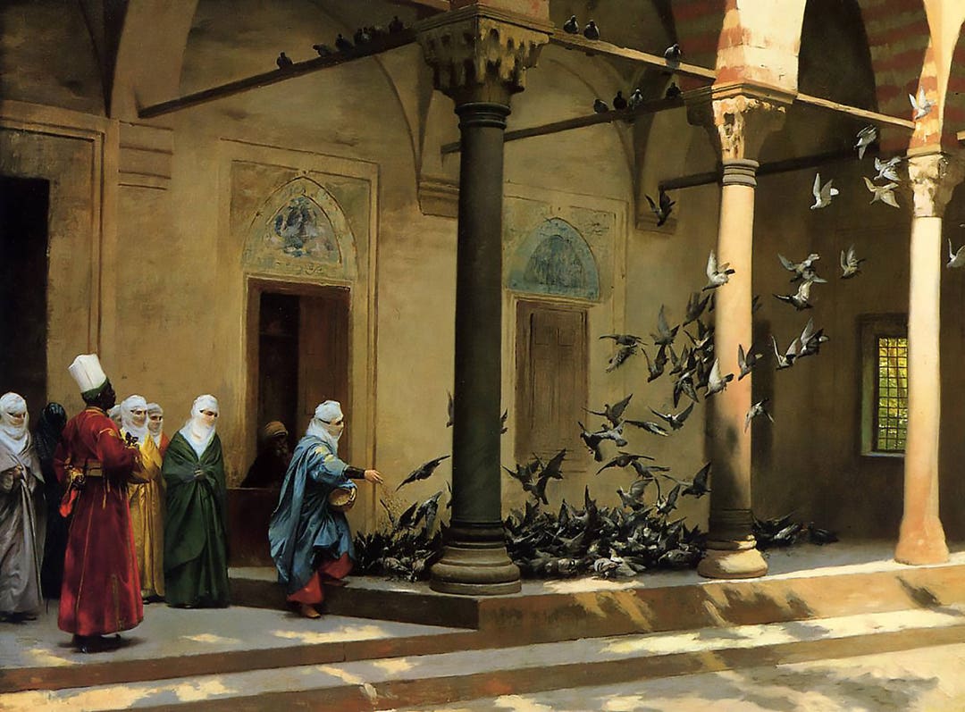 Feeding Pigeons in a Courtyard Arabic Art Islamic Art Egyptian Art Hand Painted Oil Painting on