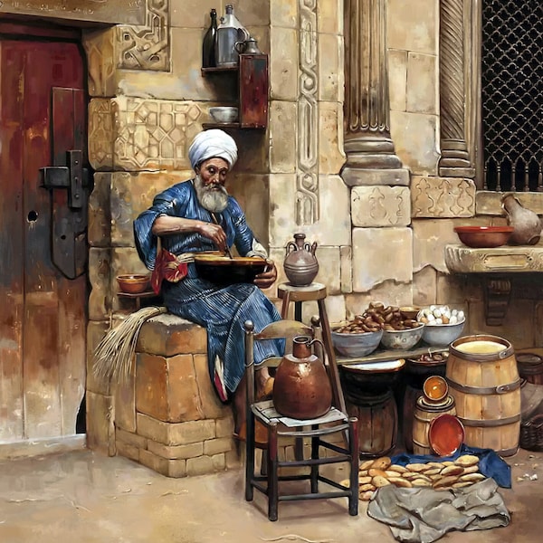 Comerciante callejero en El Cairo - Arte egipcio - Arte árabe - Arte islámico - Pinturas al óleo pintadas a mano sobre lienzo
