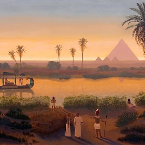 Sunset On The Nile At Giza Pyramids - Ancient Egypt - Egyptian Art - Hand Painted Oil Painting On Canvas