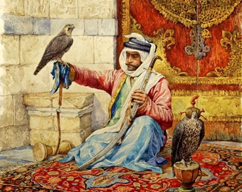 Arab Falconer - Arabic Art - Islamic Art - Egyptian Art - Hand Painted Oil Painting On Canvas