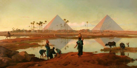 エジプト風 絵画 ギザのピラミッドの夕暮れの風景 - 旧カイロ - 古代エジプト