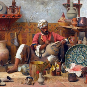 May include: A man in a red shirt and white turban paints a ceramic vase with blue and yellow patterns. The scene includes various pottery, a decorative plate, and a wooden shelf with other items, depicting an artisan's workshop.