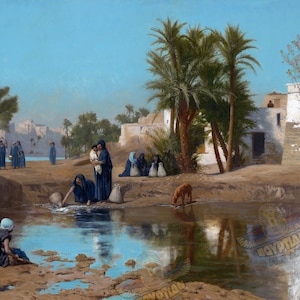 Hand Painted Artwork - Fellah Women Drawing Water From The Nile in Egypt - Islamic Art - Arabic Art - Hand Painted Oil Painting On Canvas