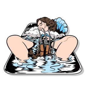 May include: Illustration of a person in a bathtub with water and bubbles. The person is sleeping, and a pair of bladed gloves is in the water. The image has a white background and a black border.