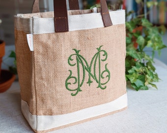 Small Personalized Jute Tote Bag Customizable Project Bag Embroidered Custom Tote Monogram Bridesmaid Gift Bag With Leather Handles Jute Bag