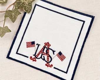 Cocktail Napkins Linen  Linen Cocktail Napkin Embroidered  Holiday Cocktail Napkins Patriotic Fourth of July Memorial Day, Bar Cart