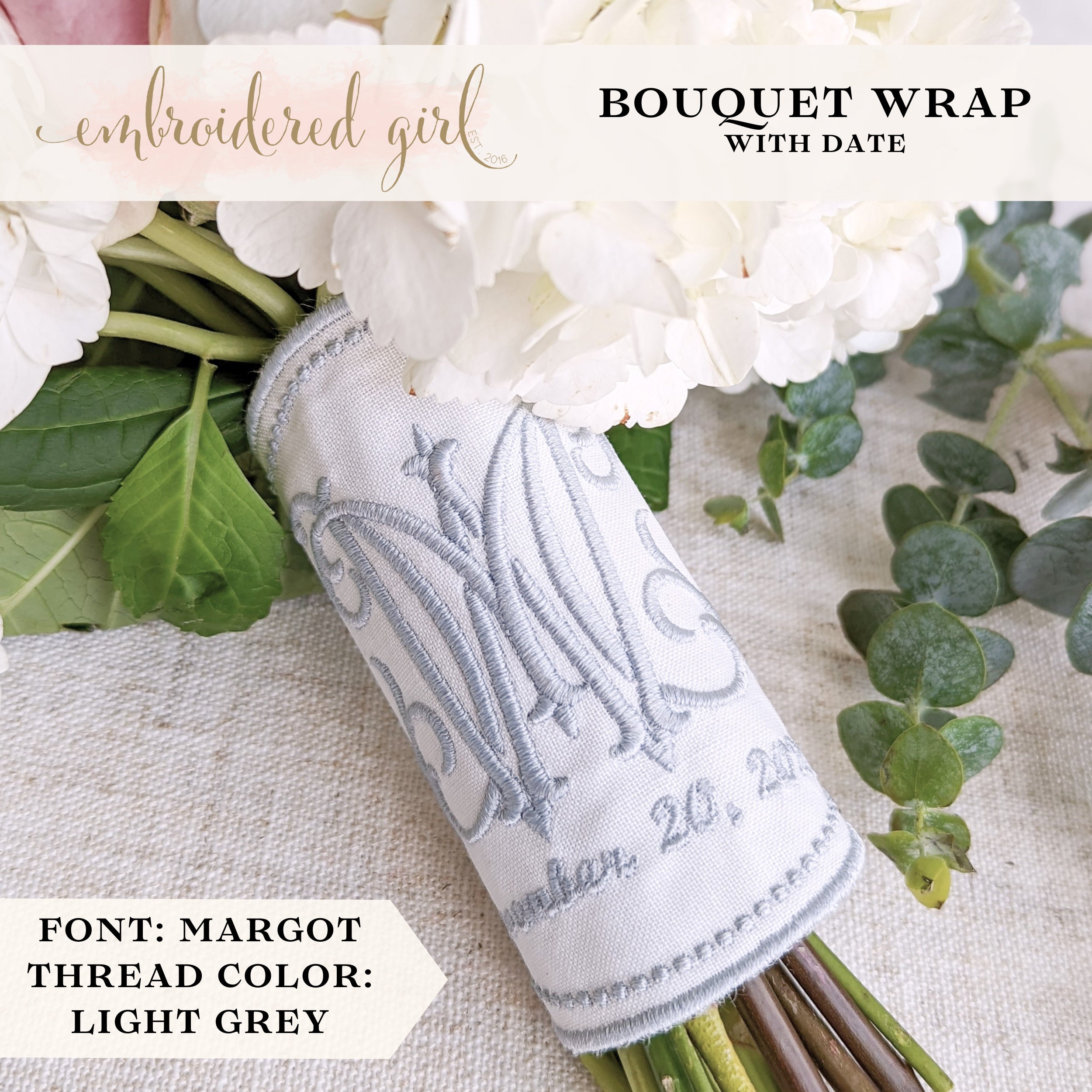 Linen Wedding Flower Holder Wrap Bridal Accent Custom Date Monogram Gift Southern Charm Wedding Day Stem Cover Bride Present Wedding Day