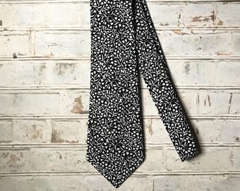Black and White Block Print Ditsy Floral Cotton Necktie Mens Tie