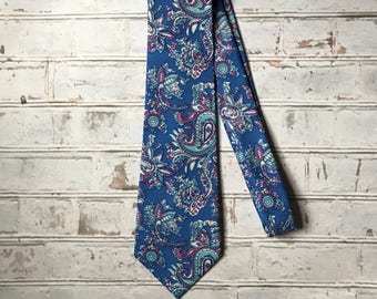Blue, Teal, and Pink Cotton Paisley Spring Necktie Mens Tie