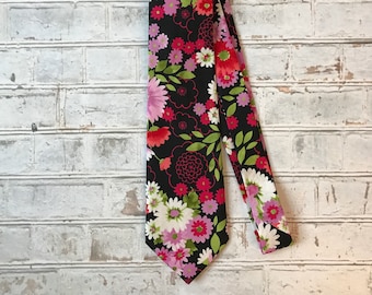 Retro Pink, Red, and Black Cotton Floral Necktie Mens Tie