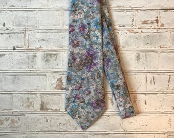 Purple, Denim Blue and Gray Cotton Floral Necktie Mens Tie