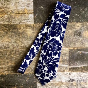 Royal Blue and White Block Print Floral Tropical Necktie Mens Tie