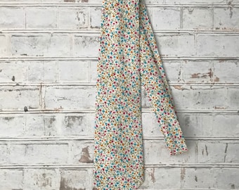 White, Pink, and Blue Cotton Ditsy Floral Necktie Mens Tie