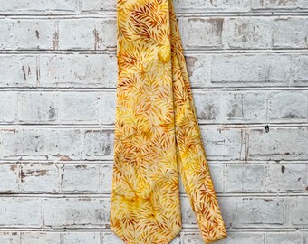 Yellow and Orange Cotton Batik Botanical Leaf Necktie Mens Tie