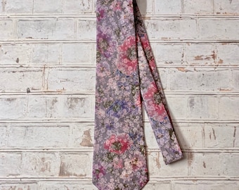 Purple, Pink and Dark Gray Cotton Floral Necktie Mens Tie