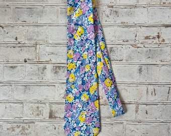 Blue, Purple, and Yellow Cotton Floral Spring Necktie Mens Tie