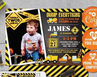 Construction Birthday Invitation-Corjl-Construction Party Invite-PHOTO Invitation-Dump Truck-Construction Crew-First Birthday-Any Age-A103