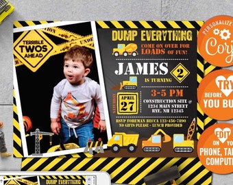 Construction Birthday Invitation-Self-Edit with Corjl-Construction Party Invite-PHOTO Invitation-Dump Truck-First Birthday-Any Age-A103-CP