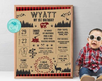 Lumberjack Birthday Milestone Poster-Self Edit w Corjl-Chalkboard Decoration-Rustic Lumberjack First Party-Woodland-Bear-Camping-AnyAge-A145