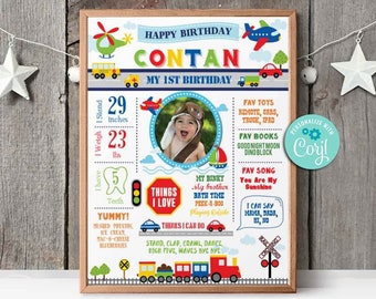 Transportation Birthday Milestone Poster-Self-Edit w Corjl-Airplane Car Train-Party Welcome Sign Decoration-First Birthday-AnyAge-A109-16x20