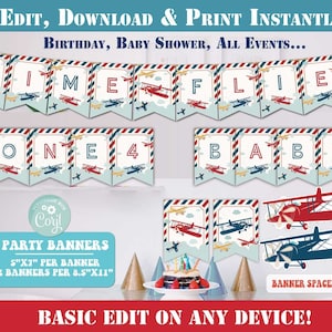 Vintage Airplane Party Banners-Self-Edit with Corjl-Airplane Birthday Party Banner Decorations-First Birthday-Any Age-Baby Shower-A105