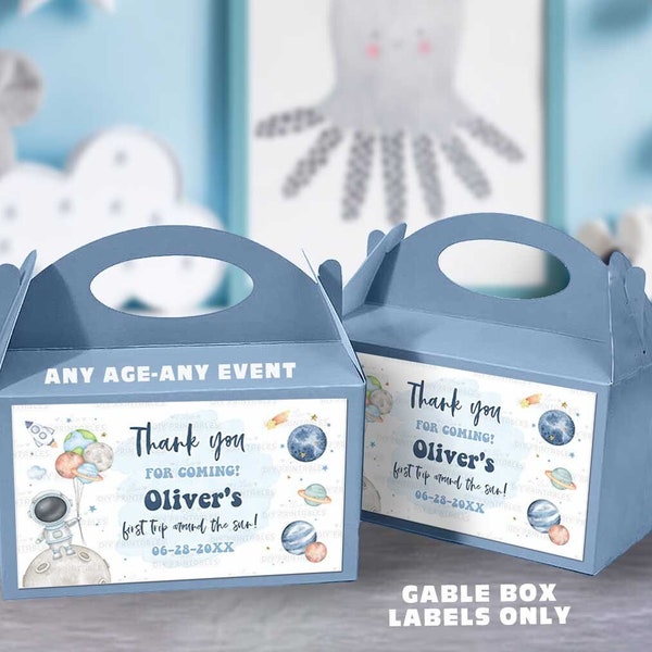 Outer Space Party Gable Box Label-Favor Box Label-Corjl-eerste reis rond de zon-uit deze wereld-eerste verjaardag-AnyAge-baby shower-A198