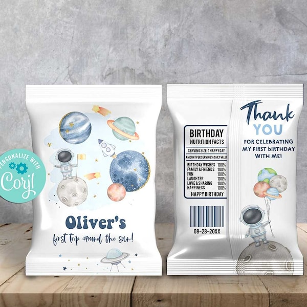 Outer Space Chip Bag Template-Self-Edit Corjl-Snack Bag-First Trip around the Sun-Out of this world-First Birthday-AnyAge-Baby Shower-A198