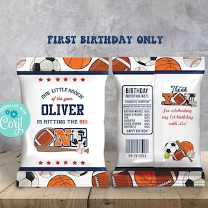 All Star Sport Erster Geburtstag Chip Taschenvorlage-Bearbeiten mit Corjl-Sportparty-Meisterschaft-Fußball-Baseball-Basketball-Fußball-1st Birthday-A136