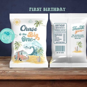 Die GROSSE Erster Geburtstag Chip Tasche Vorlage-Selbst Bearbeiten w Corjl-Surfs Up 1ST Geburtstag Snack Tasche-Schwimmbad-70er Jahre Van-Splish Splish-Surfing Wave-A195