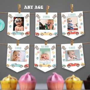 Race Car Birthday Photo Banners-Self Edit Corjl-Blue-Red-Racing Car-Fast ONE-Two Fast-Racecar-Vintage Race Car-First Birthday-Any Age-A207