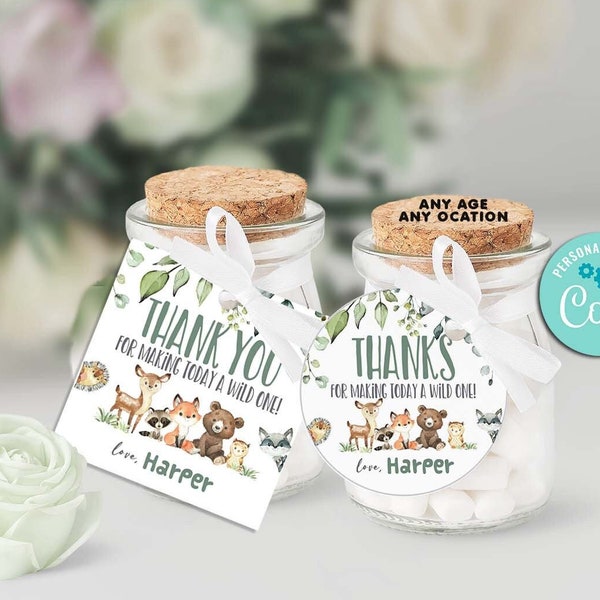 Woodland Party Favor Tags-Self-Edit w Corjl-Woodland First Birthday-Any Age-Baby Shower-Wild ONE-Thank You Gift Tag-Fox-Bear-Deer-Owl-A152