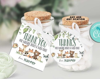 Woodland Party Favor Tags-Self-Edit w Corjl-Woodland First Birthday-Any Age-Baby Shower-Wild ONE-Thank You Gift Tag-Fox-Bear-Deer-Owl-A152