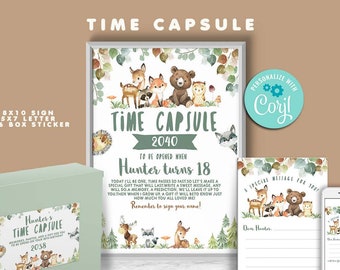 May include: A printable set of time capsule labels featuring a woodland theme with a bear, fox, deer, and raccoon. The labels include the text "Time Capsule" and "To be opened when Hunter turns 18".