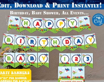 Transportation Party Banners-Corjl-Transportation Birthday-Party Wall Decoration-Airplane Train-First Birthday-Any Age-Baby Shower-A109