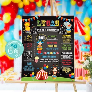 Carnival Birthday Milestone Chalkboard-SelfEdit w Corjl-Circus Birthday Welcome Poster-Carnival Party-First Birthday-AnyAge-A116-16x20